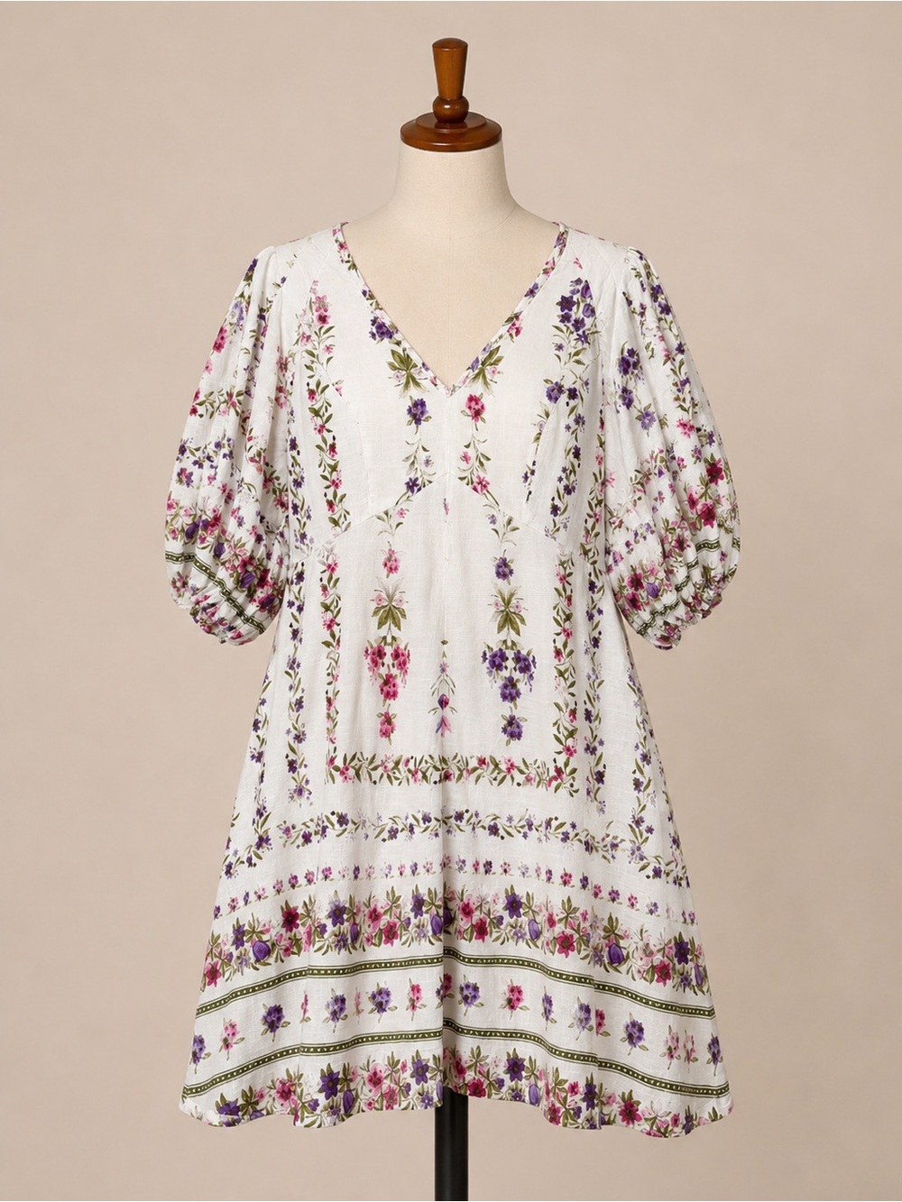 CeCe Floral Linen Blend Puff Sleeve Mini Dress Medium Pockets